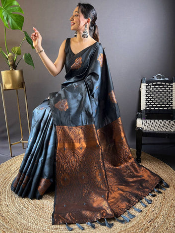 Black Copper Banarasi Silk Saree with Rich Zari Weaving & Tassel Pallu