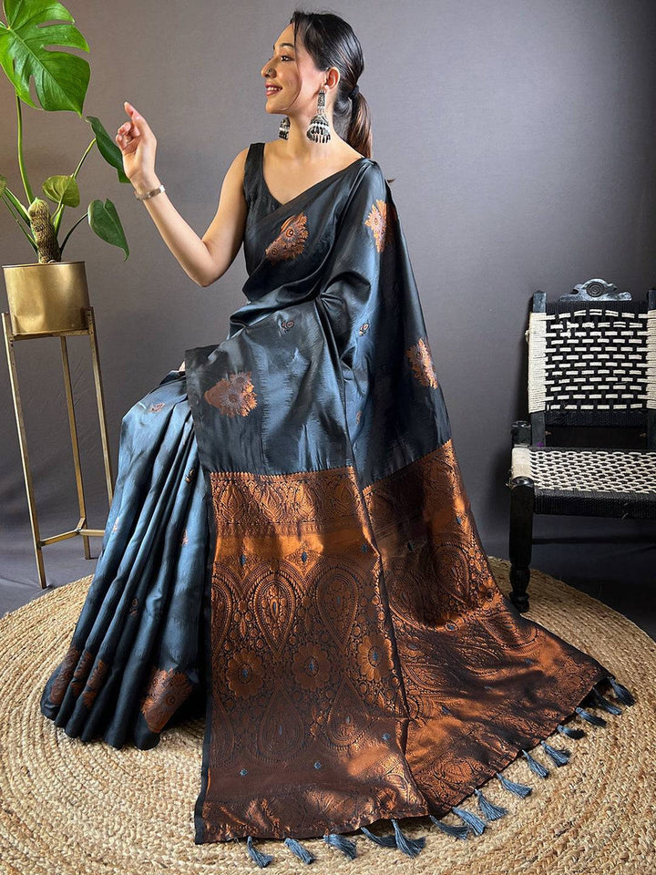 Black Copper Banarasi Silk Saree with Rich Zari Weaving & Tassel Pallu