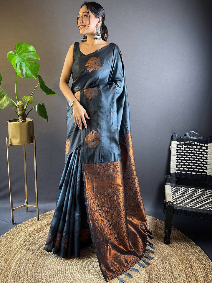 Black Copper Banarasi Silk Saree with Rich Zari Weaving & Tassel Pallu