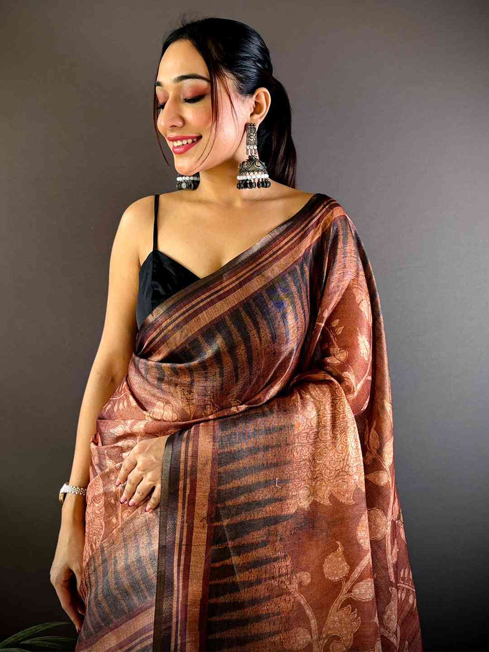 Brown Soft Silk Saree with Ethnic Floral Print & Traditional Border