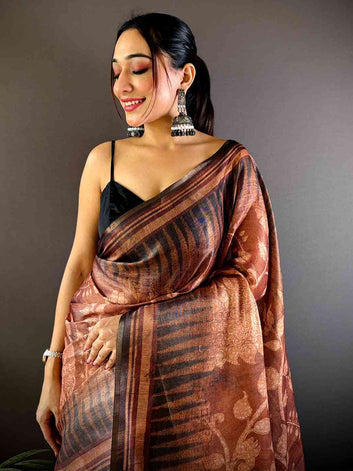 Brown Soft Silk Saree with Ethnic Floral Print & Traditional Border