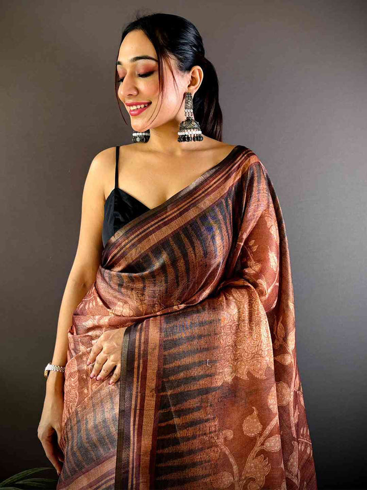 Brown Soft Silk Saree with Ethnic Floral Print & Traditional Border