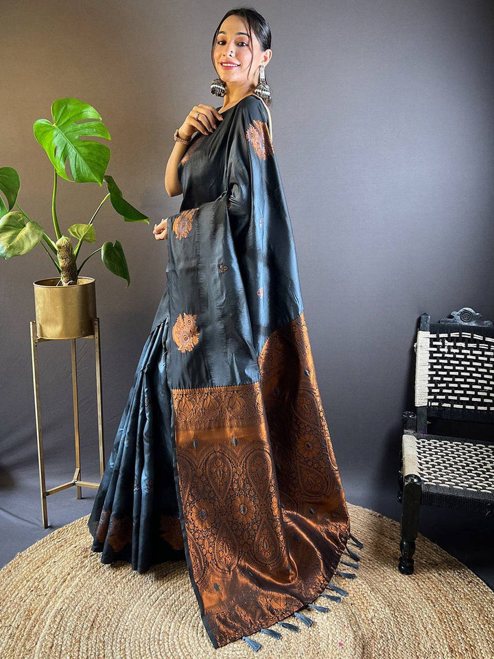 Black Copper Banarasi Silk Saree with Rich Zari Weaving & Tassel Pallu