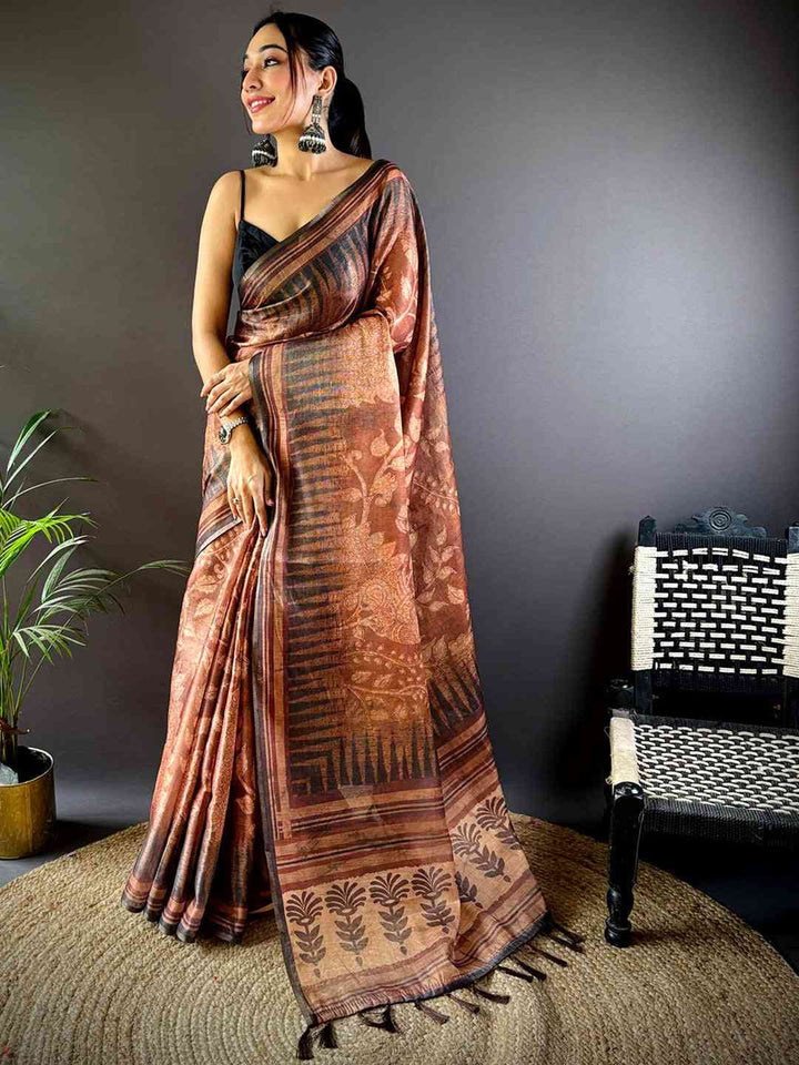 Brown Soft Silk Saree with Ethnic Floral Print & Traditional Border