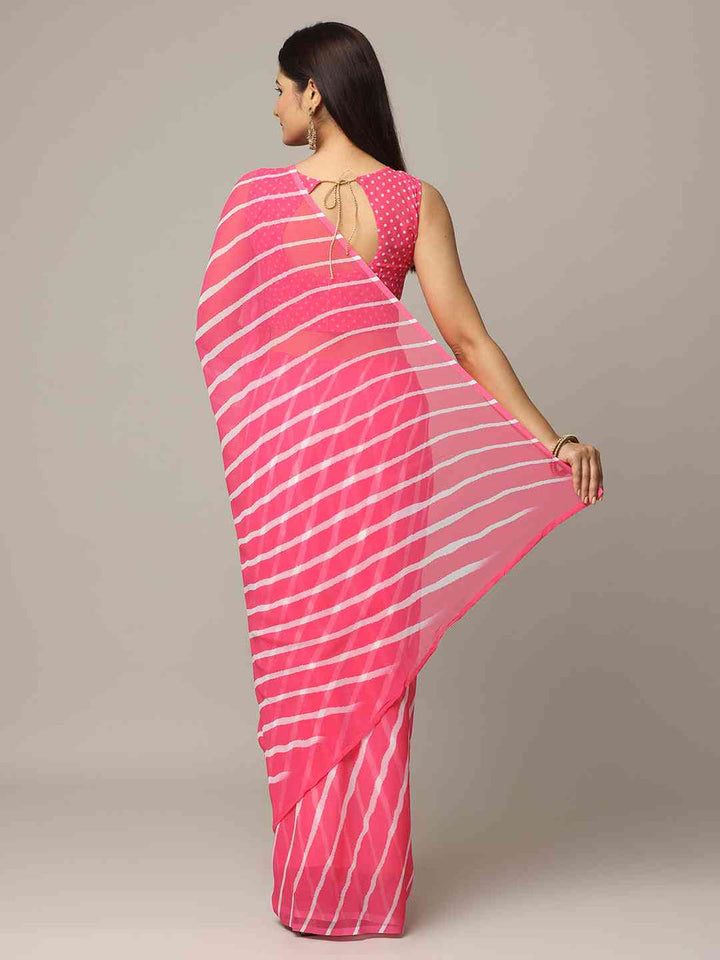 Pink Georgette Saree with White Striped Design