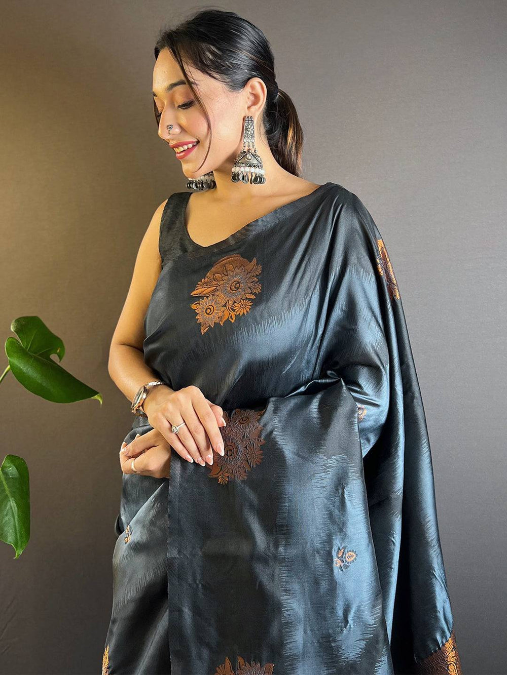 Black Copper Banarasi Silk Saree with Rich Zari Weaving & Tassel Pallu