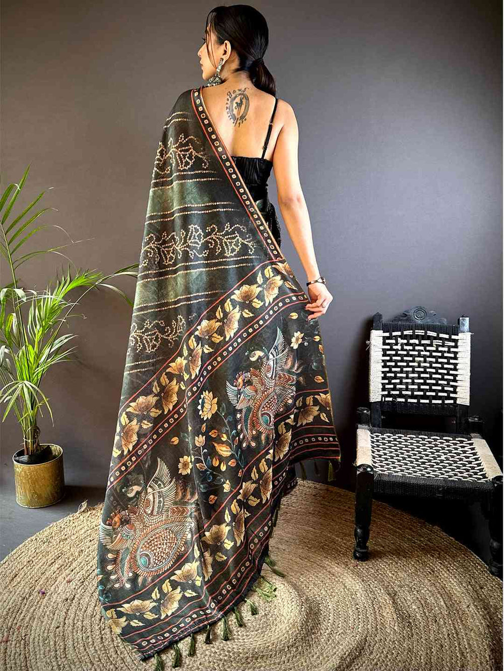 Black Soft Silk Saree with Peacock & Floral Kalamkari Print and Traditional Border