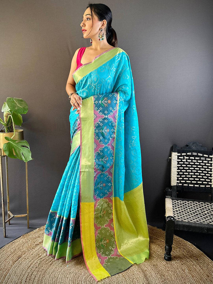 Premium Turquoise Banarasi Silk Saree With Contrast Multicolor Border