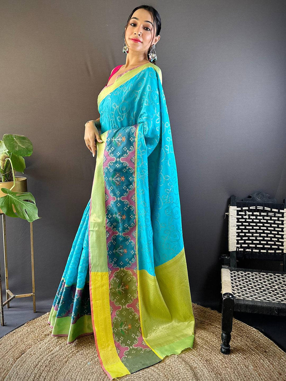 Premium Turquoise Banarasi Silk Saree With Contrast Multicolor Border