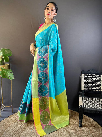 Premium Turquoise Banarasi Silk Saree With Contrast Multicolor Border
