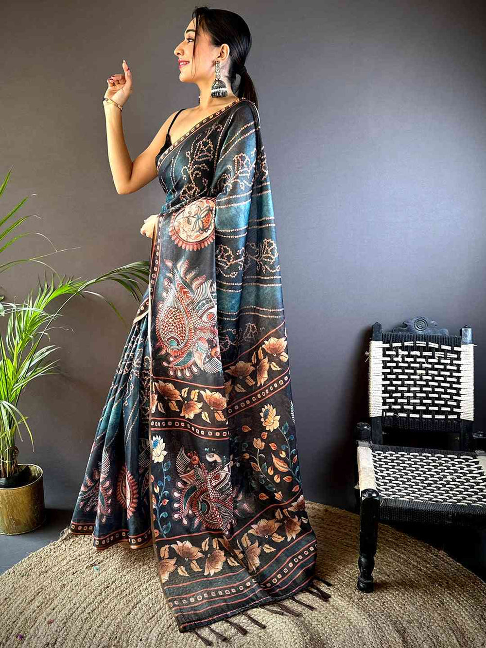Black Soft Silk Saree with Peacock & Floral Kalamkari Print and Traditional Border