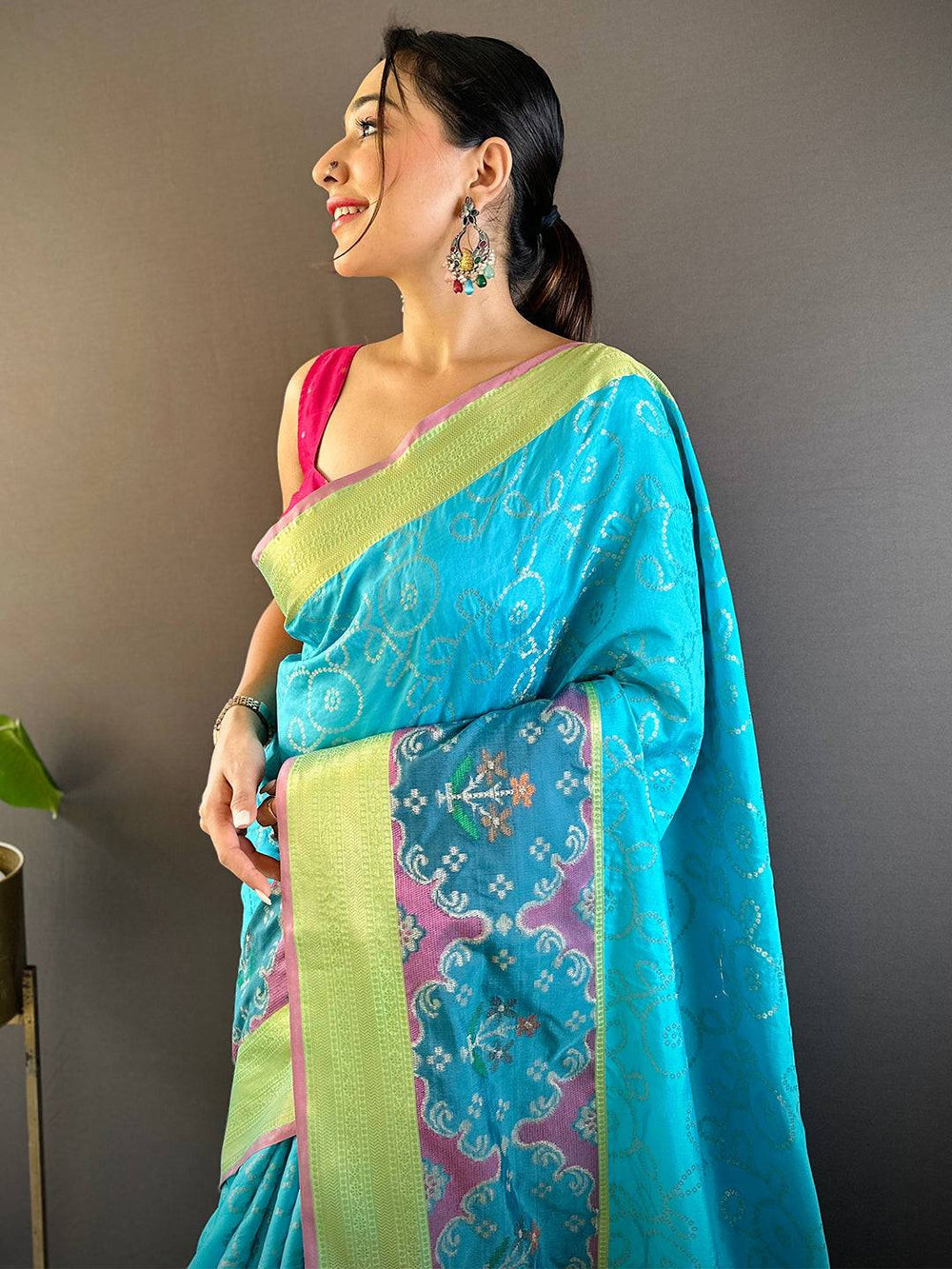 Premium Turquoise Banarasi Silk Saree With Contrast Multicolor Border