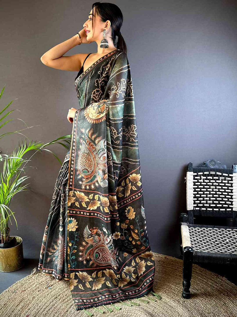 Black Soft Silk Saree with Peacock & Floral Kalamkari Print and Traditional Border