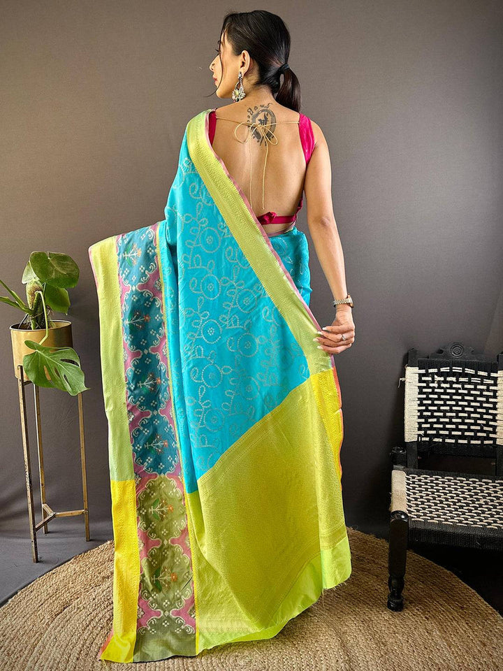 Premium Turquoise Banarasi Silk Saree With Contrast Multicolor Border