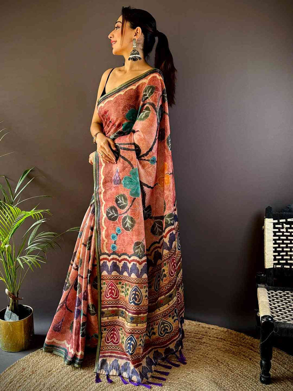 Rust Orange Soft Silk Saree with Hand Painted Style Floral Print & Traditional Border
