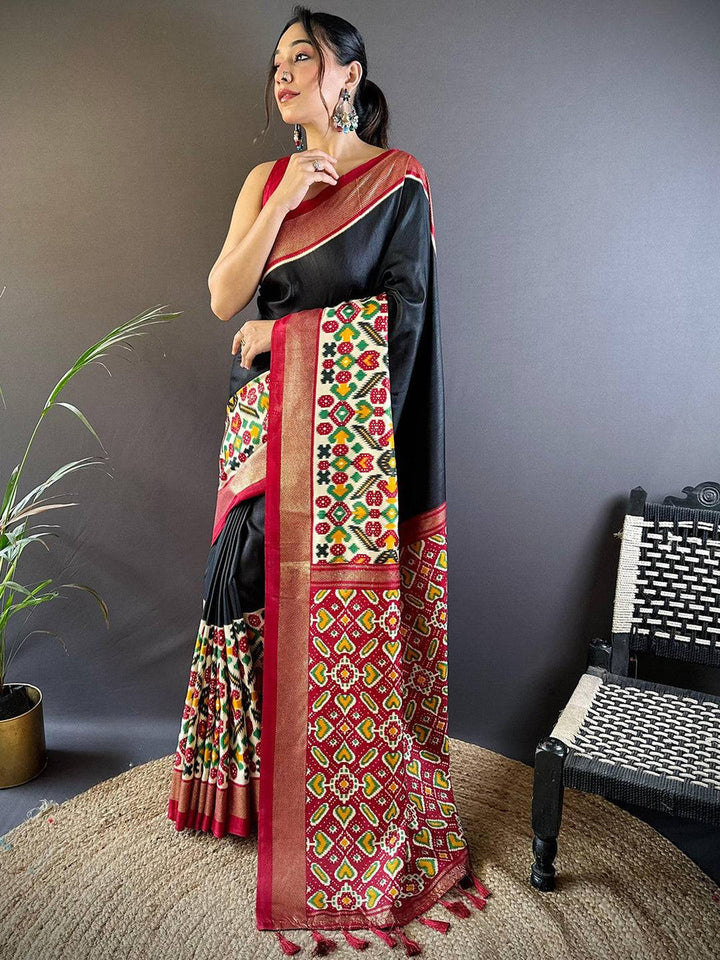 Black Patola Banarasi Silk Saree with Multicolor Weaving & Red Border