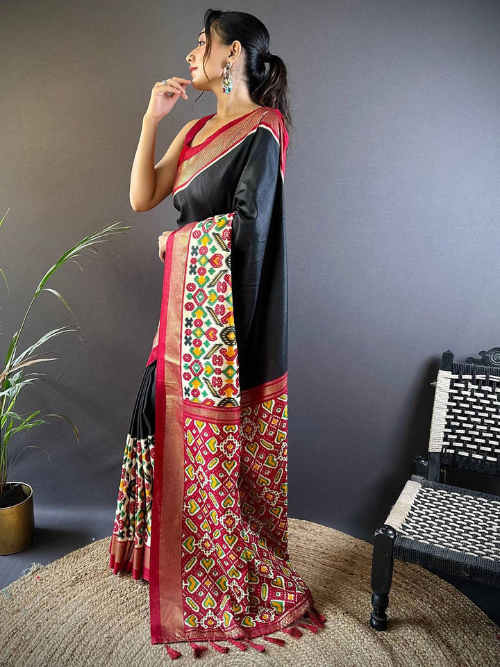 Black Patola Banarasi Silk Saree with Multicolor Weaving & Red Border