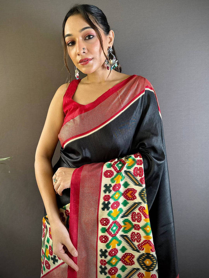 Black Patola Banarasi Silk Saree with Multicolor Weaving & Red Border