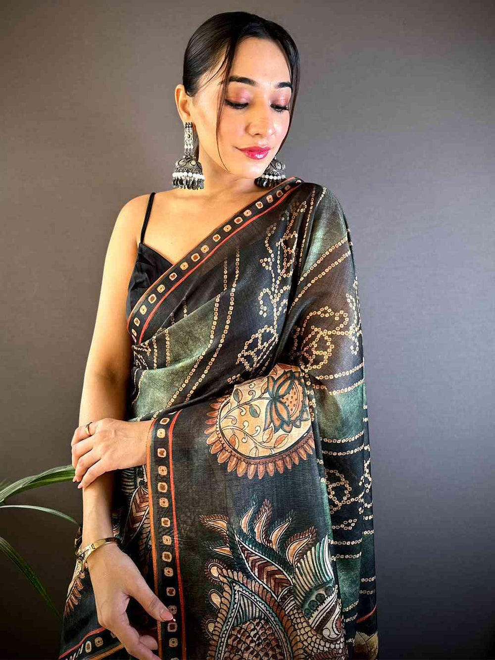Black Soft Silk Saree with Peacock & Floral Kalamkari Print and Traditional Border