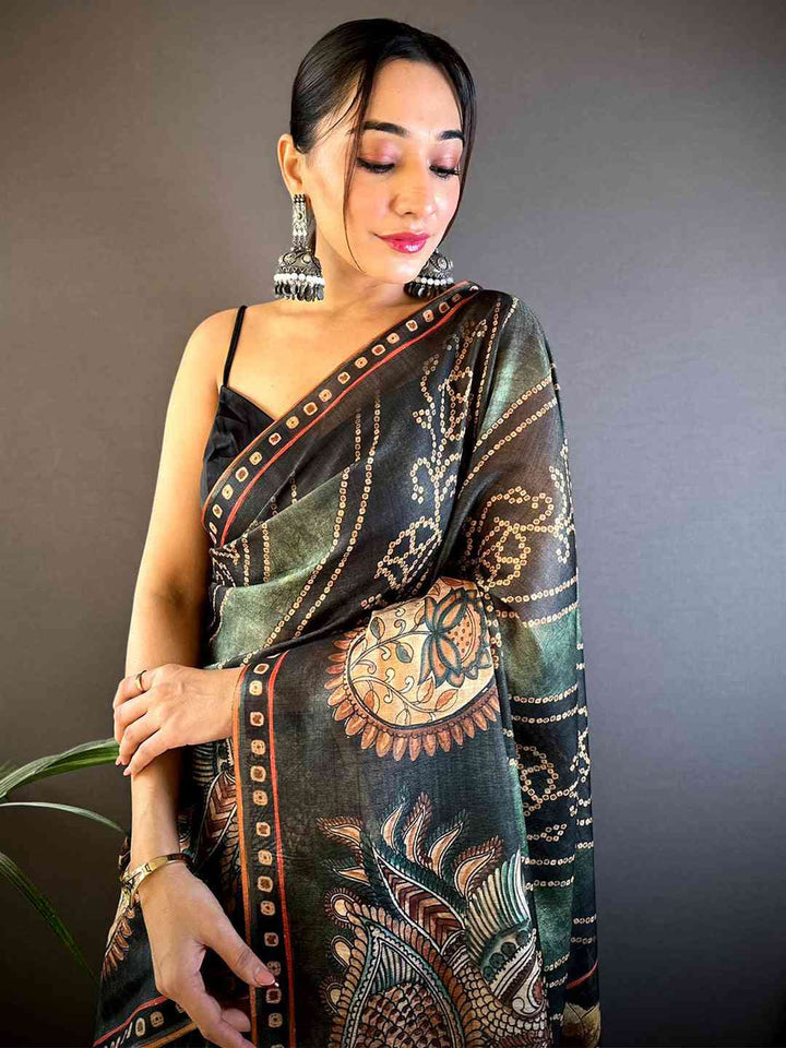 Black Soft Silk Saree with Peacock & Floral Kalamkari Print and Traditional Border