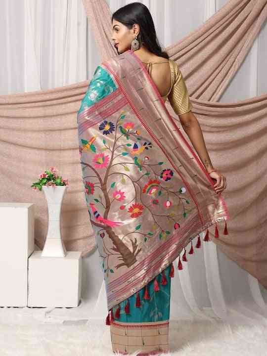 Teal Linen Silk Saree with Silver Zari Border & Floral Print Pallu