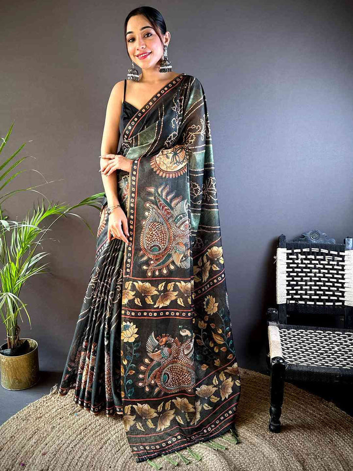 Black Soft Silk Saree with Peacock & Floral Kalamkari Print and Traditional Border