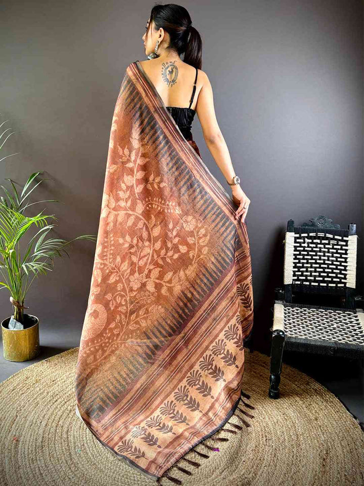 Brown Soft Silk Saree with Ethnic Floral Print & Traditional Border