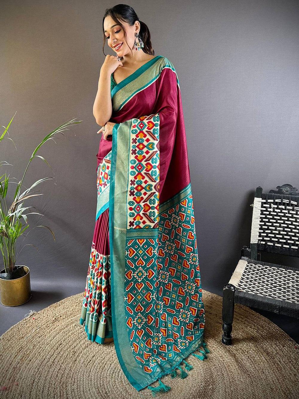 Wine & Teal Patola Banarasi Silk Saree with Multicolor Weaving & Contrast Border
