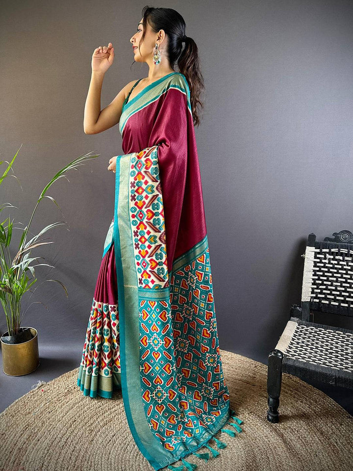 Wine & Teal Patola Banarasi Silk Saree with Multicolor Weaving & Contrast Border