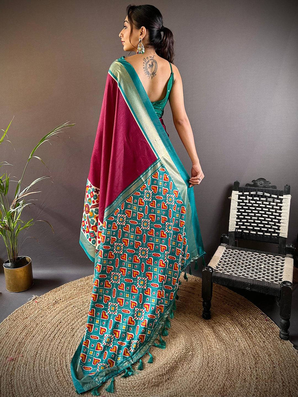 Wine & Teal Patola Banarasi Silk Saree with Multicolor Weaving & Contrast Border