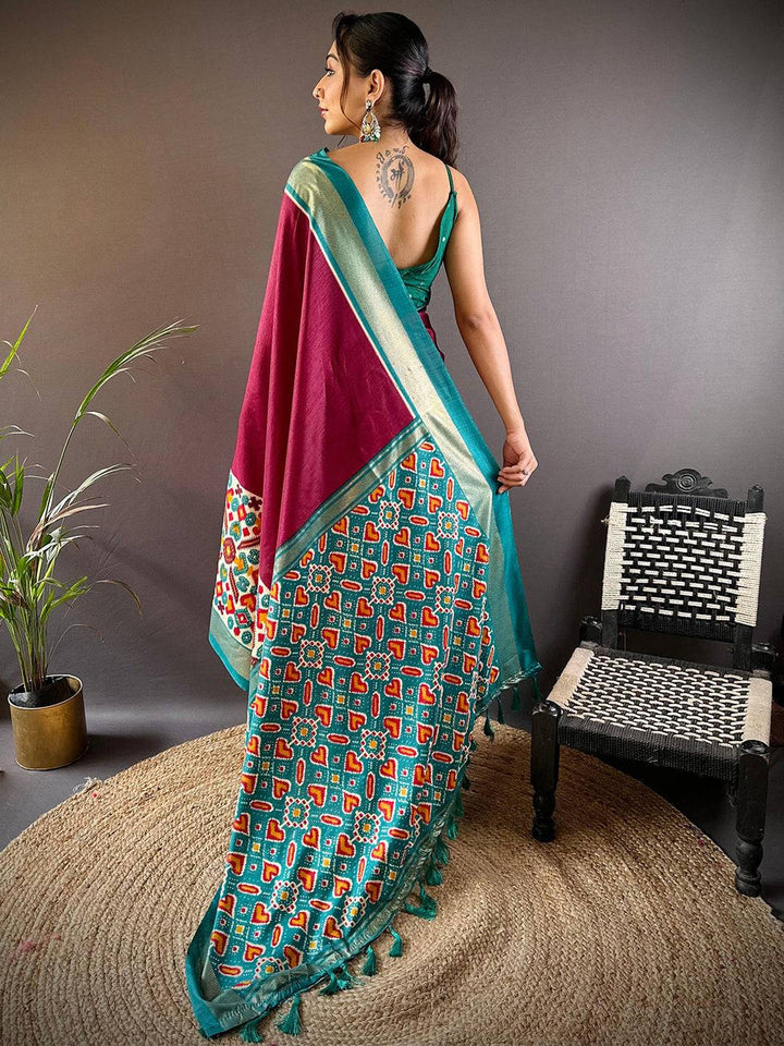Wine & Teal Patola Banarasi Silk Saree with Multicolor Weaving & Contrast Border