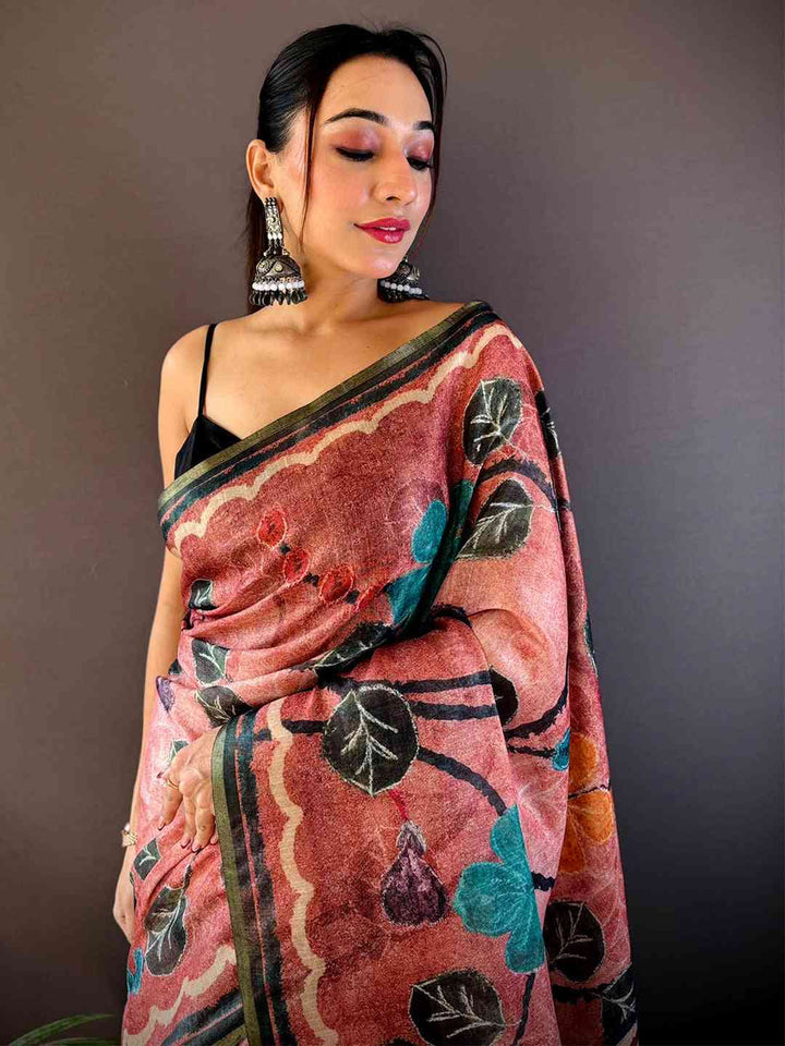 Rust Orange Soft Silk Saree with Hand Painted Style Floral Print & Traditional Border