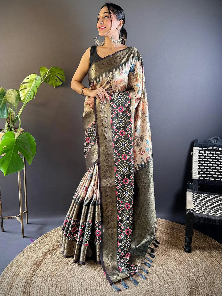 Black & Gold Patola Banarasi Silk Saree with Digital Print & Multicolor Weaving