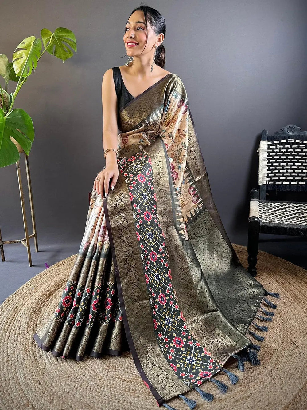 Black & Gold Patola Banarasi Silk Saree with Digital Print & Multicolor Weaving