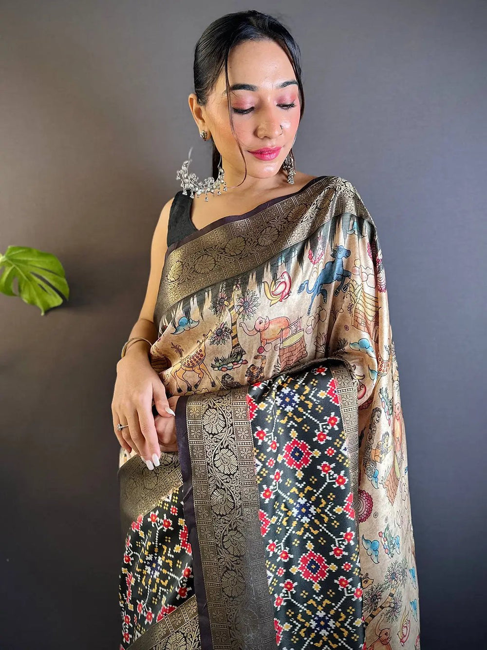 Black & Gold Patola Banarasi Silk Saree with Digital Print & Multicolor Weaving