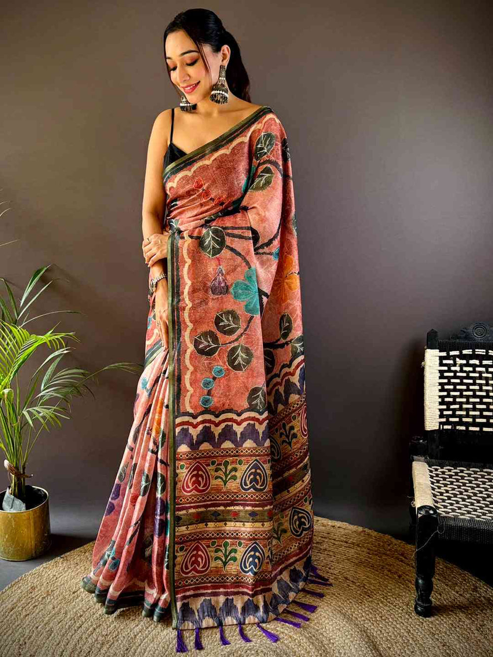 Rust Orange Soft Silk Saree with Hand Painted Style Floral Print & Traditional Border