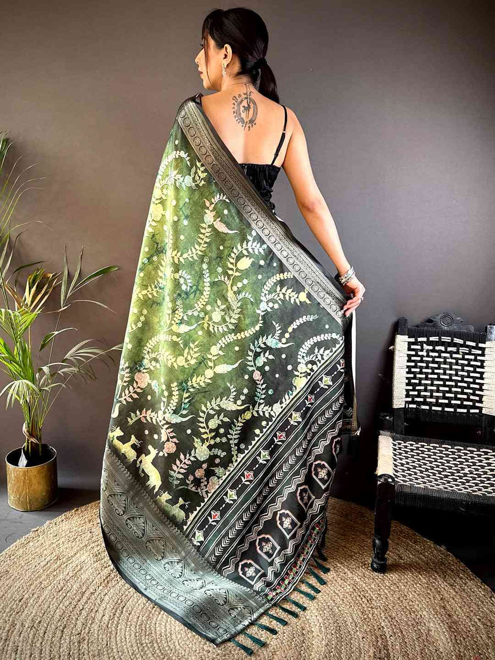 Green Soft Silk Saree with Elegant Floral Print & Traditional Zari Border