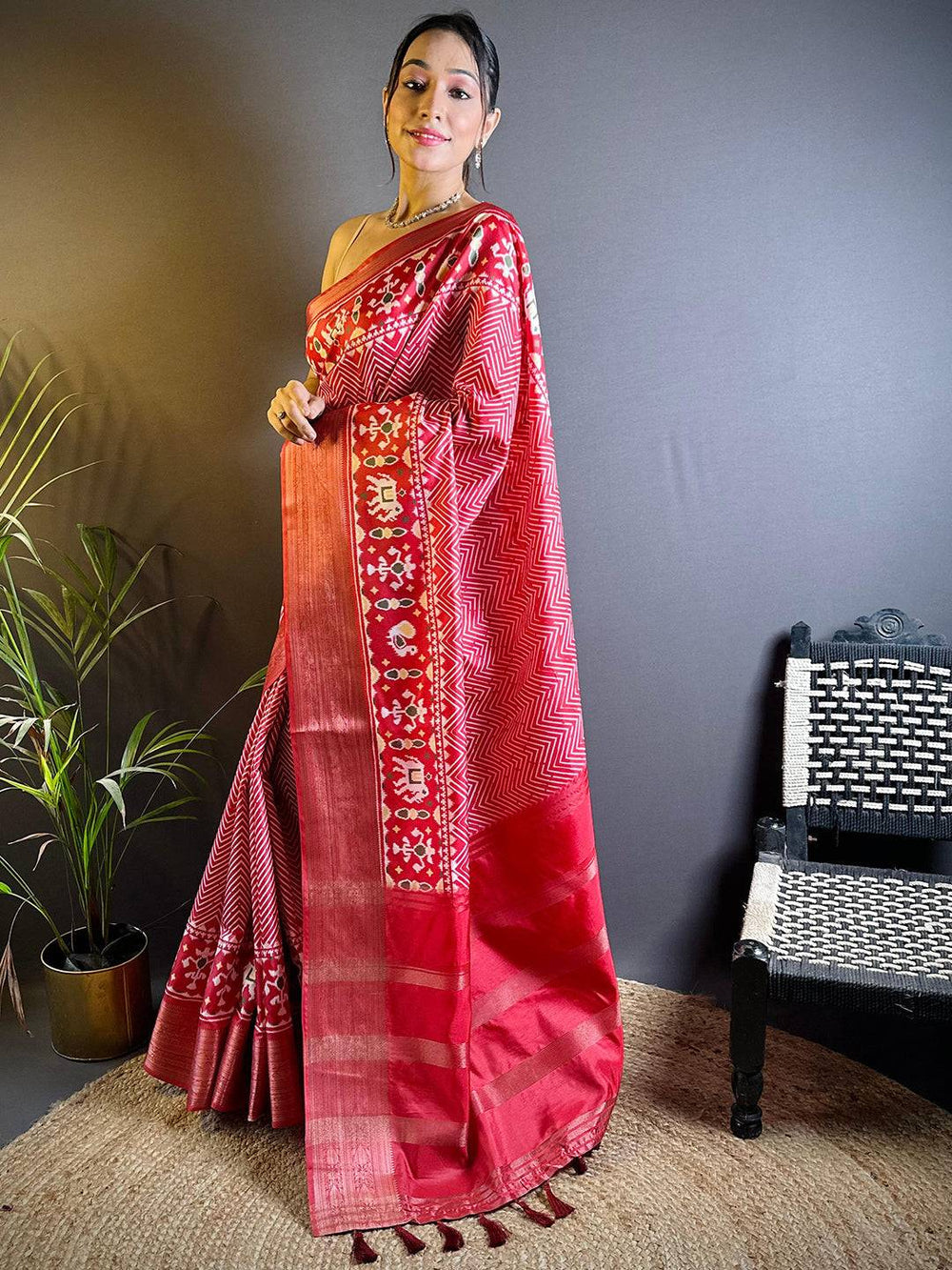 Red Patola Banarasi Silk Saree with Elephant Motifs & Zigzag Weaving