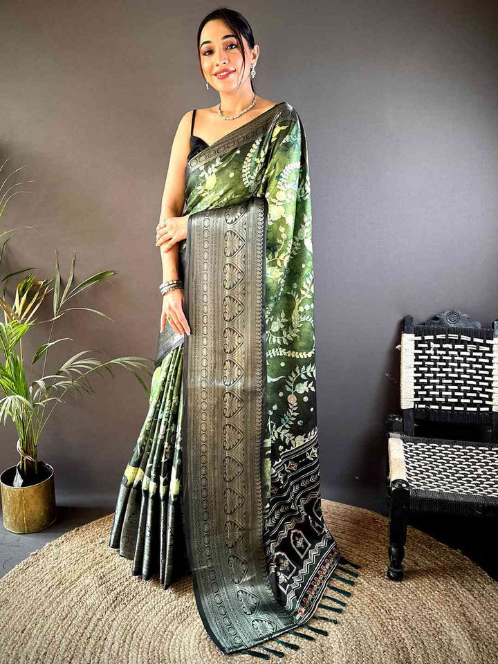 Green Soft Silk Saree with Elegant Floral Print & Traditional Zari Border