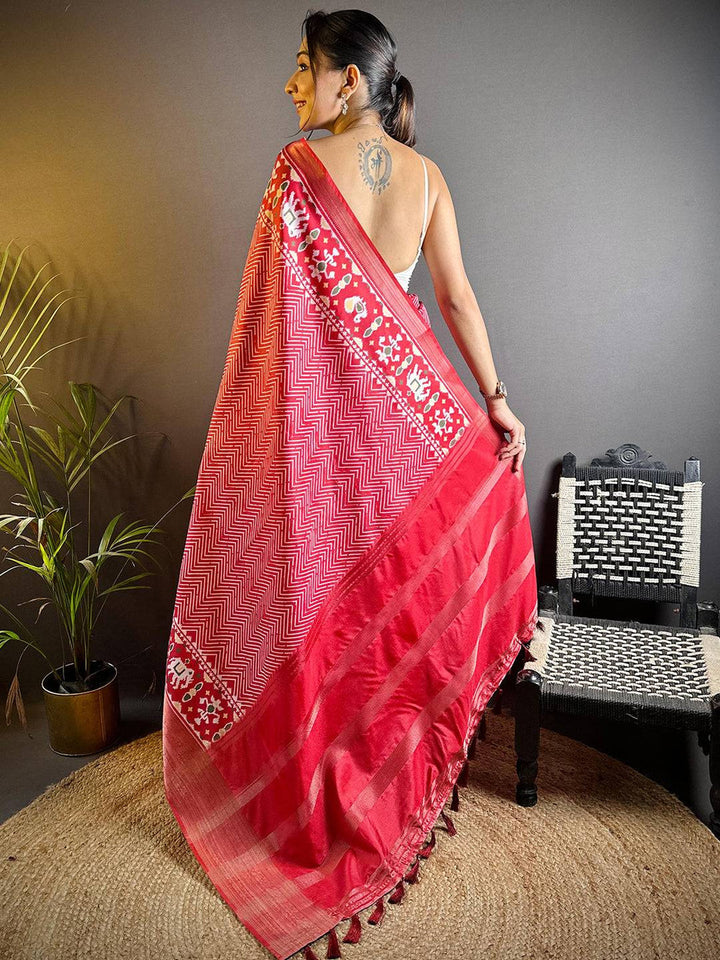 Red Patola Banarasi Silk Saree with Elephant Motifs & Zigzag Weaving