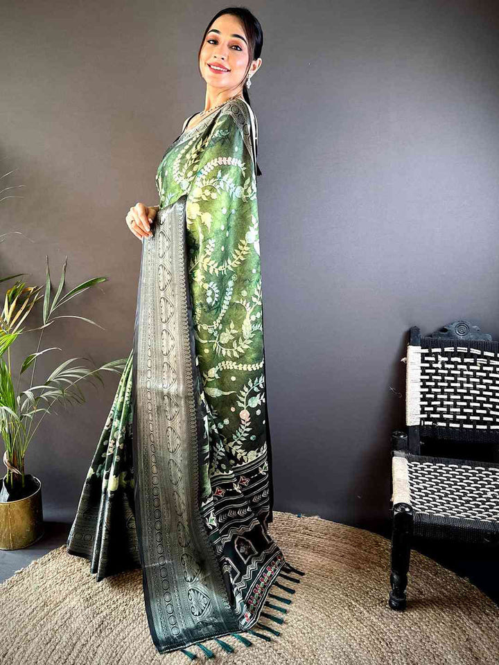 Green Soft Silk Saree with Elegant Floral Print & Traditional Zari Border