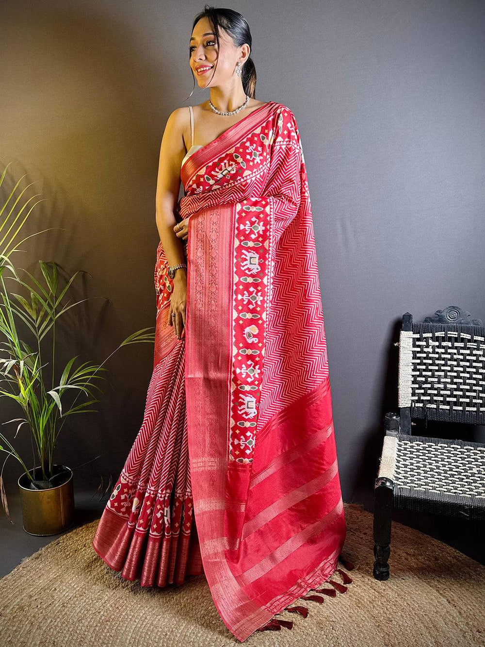 Red Patola Banarasi Silk Saree with Elephant Motifs & Zigzag Weaving