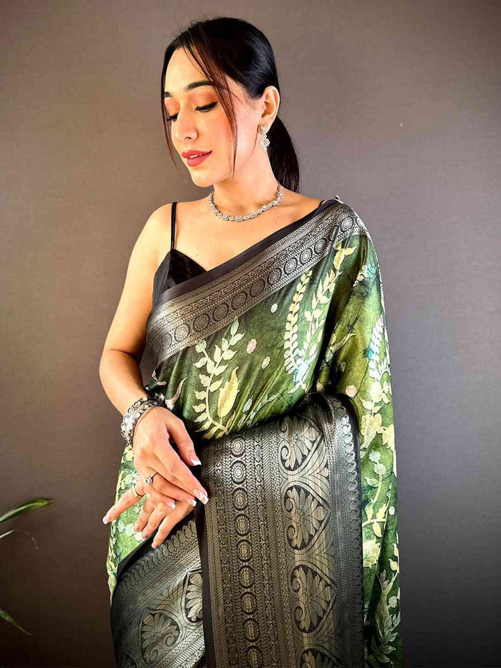 Green Soft Silk Saree with Elegant Floral Print & Traditional Zari Border