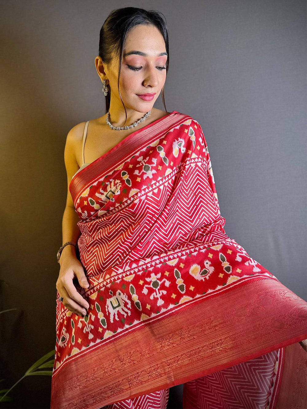 Red Patola Banarasi Silk Saree with Elephant Motifs & Zigzag Weaving