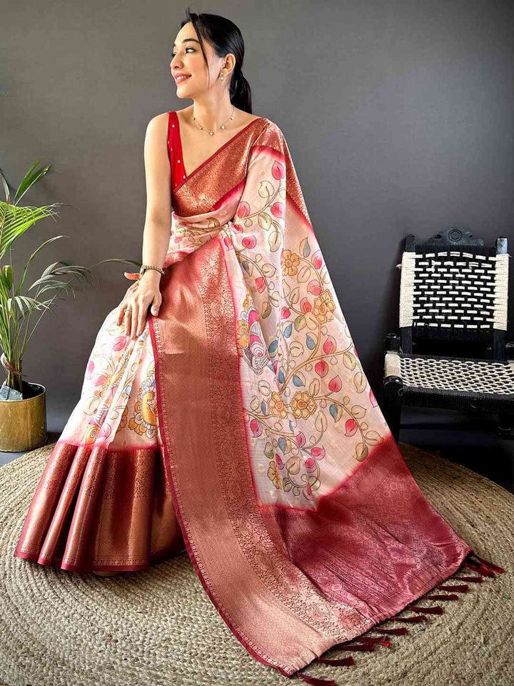 Cream & Red Soft Silk Saree with Floral Print and Rich Zari Border