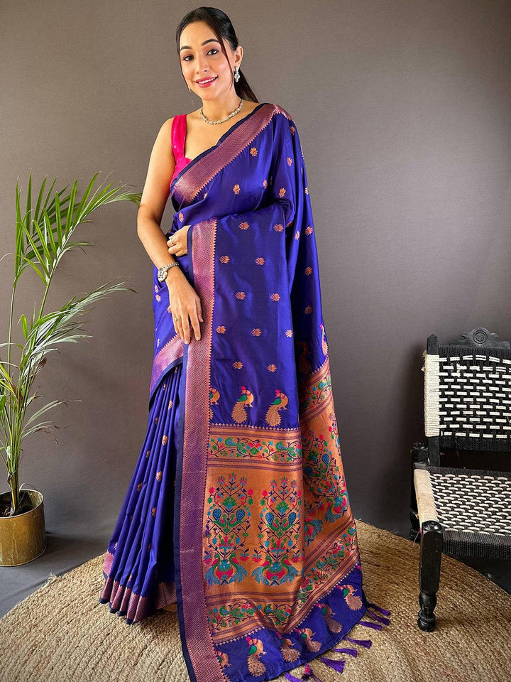 Royal Blue Banarasi Silk Saree with Peacock Motifs & Contrast Pallu