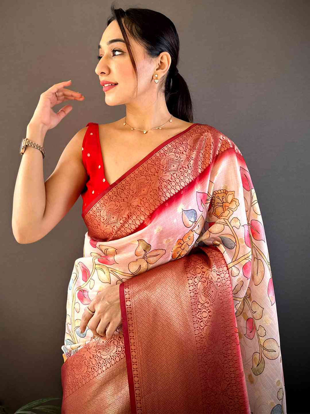 Cream & Red Soft Silk Saree with Floral Print and Rich Zari Border