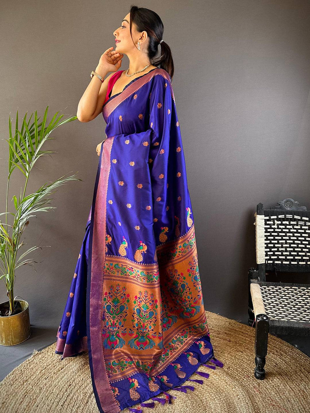 Royal Blue Banarasi Silk Saree with Peacock Motifs & Contrast Pallu