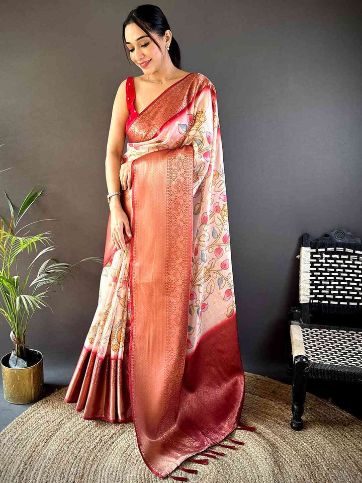 Cream & Red Soft Silk Saree with Floral Print and Rich Zari Border