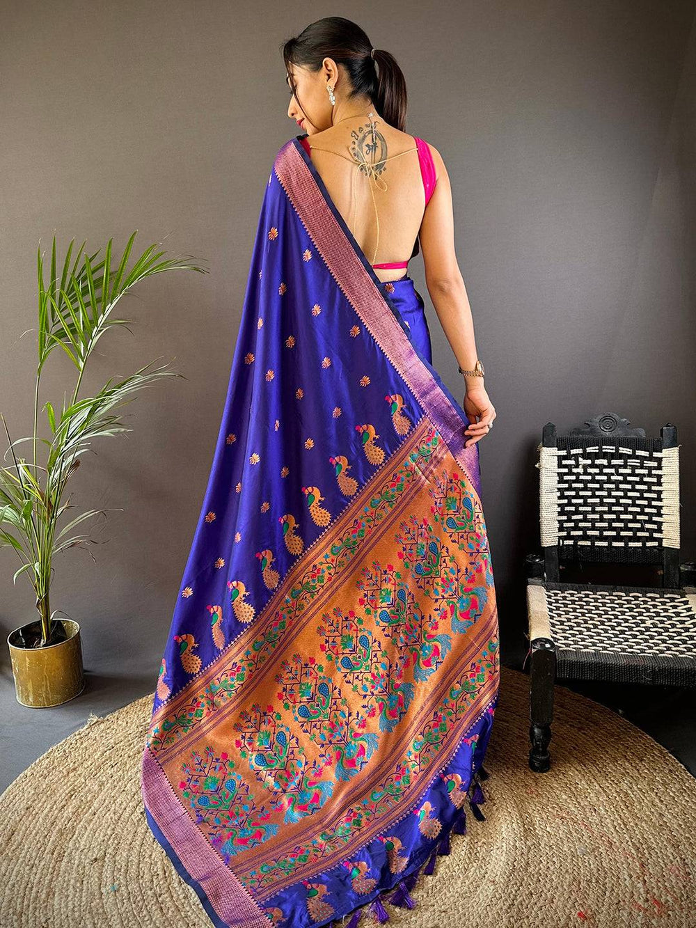 Royal Blue Banarasi Silk Saree with Peacock Motifs & Contrast Pallu